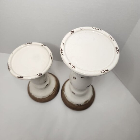 Farmhouse White Ceramic Pillar Holders Set of 2 - Picture 2 of 4